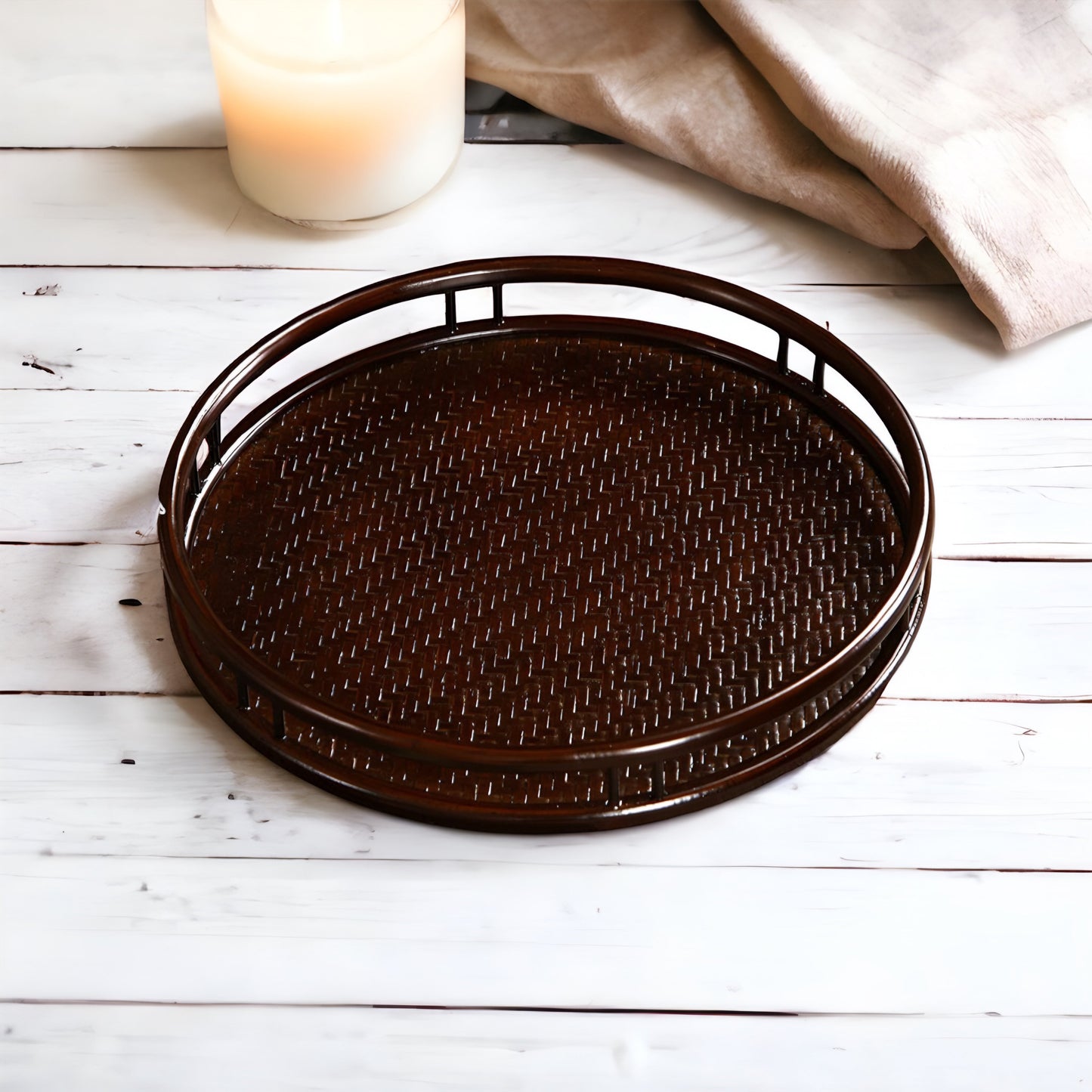 a close up of a tennis racket on a wooden surface