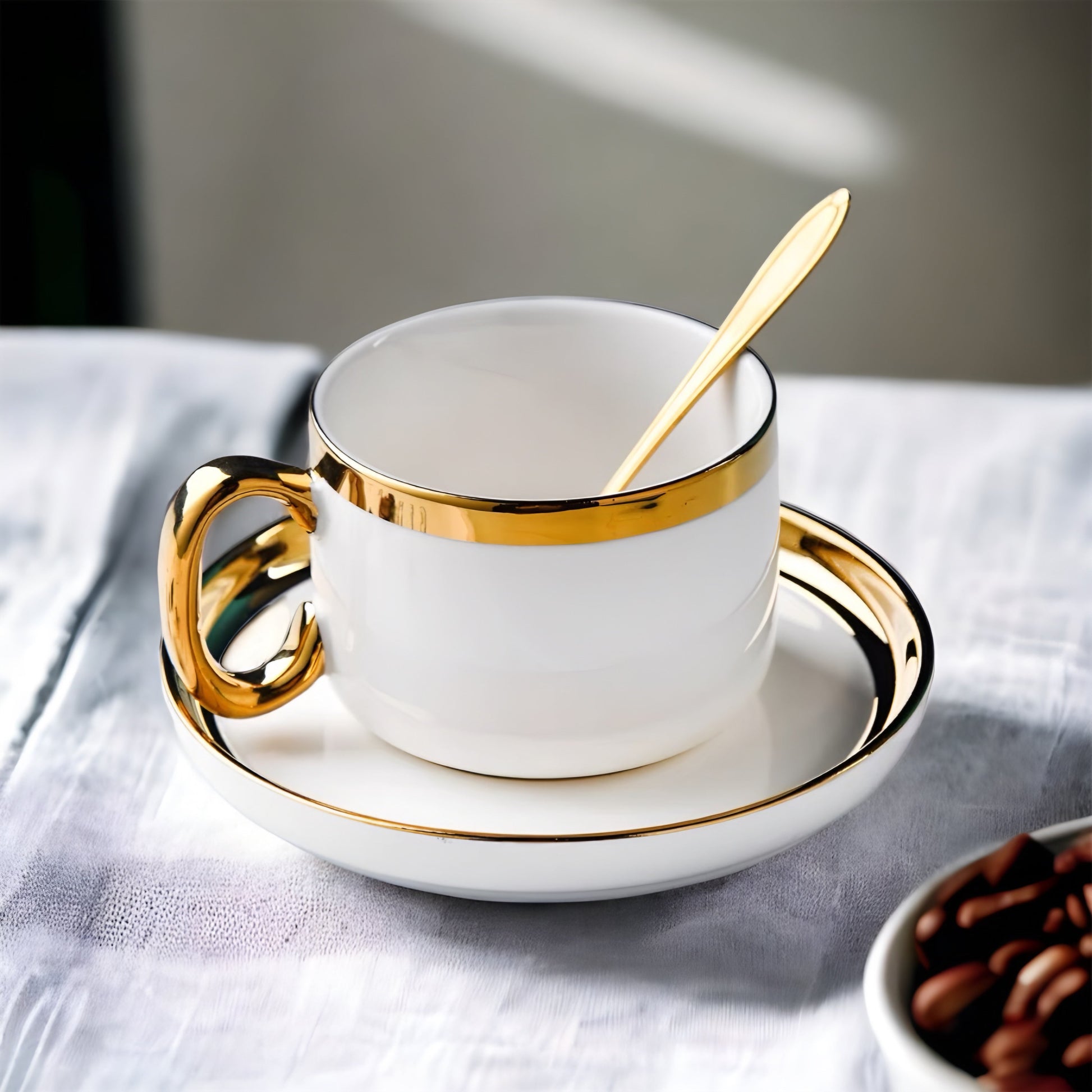 a cup of coffee sitting on top of a table 